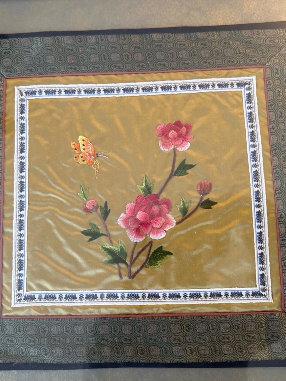 Vintage Silk Embroidery Gilded Bamboo Gallery Framed 17”x18”